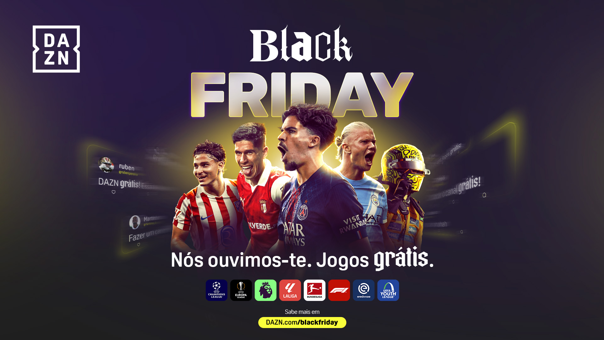 Imagem da Campanha de Black Friday da Dazn, com a frase "Nós ouvimos-te. Jogos grátis." e os logótipos das competições UEFA Champions League, UEFA Europa League, Premier League, LALIGA, Bundesliga, Eredivisie, Youth League e Formula 1